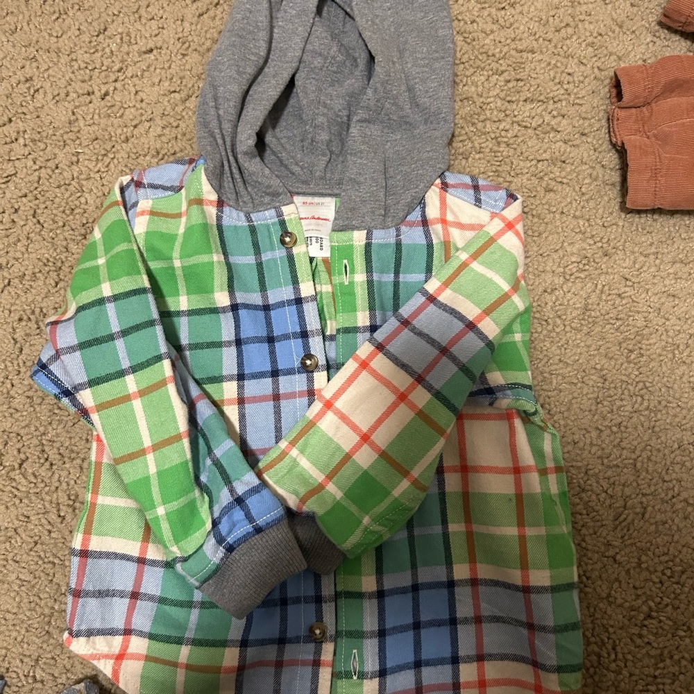 Hanna Andersson Green Blue Plaid Hooded Button-Down Shirt